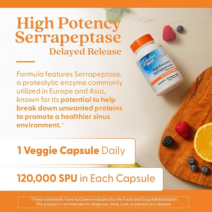 Doctor's Best Serrapeptase Supplement for Men &amp Women - Proteolytic Enzyme for Sinus &amp Immune Health Support 120000 SPU per Veggie Capsule High Potency Formula Non-GMO Vegan - 270 Veg Cap