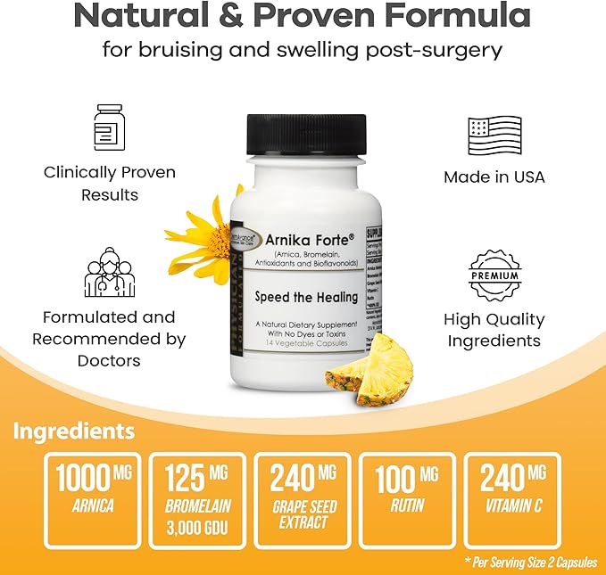 DermAvance Arnika Forte Capsules – Swelling and Bruising Reducer After Surgery and Aesthetic Treatments Antioxidants &amp Bioflavonoids Arnica 1000mg Bromelain 125mg 3000GDU - 14 Capsules