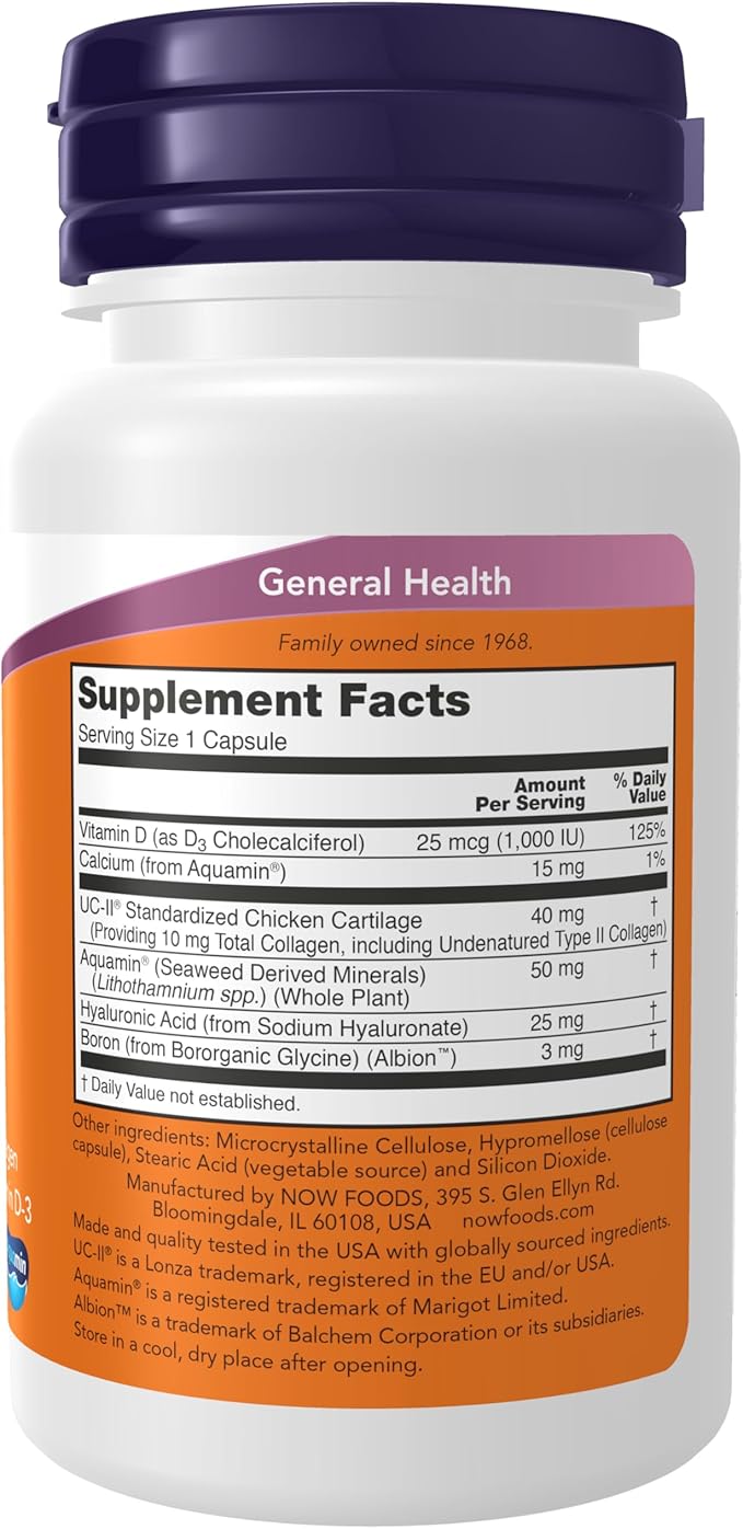 NOW Supplements UC-II Advanced Joint Relief with Undenatured Type II Collagen plus Hyaluronic Acid Boron Vitamin D-3 60 Veg Capsules