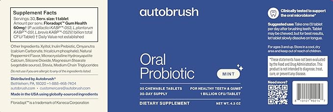 autobrush Adults Oral-Care Slow Dissolve Probiotic Tablets | Dental Supplements | Healthier Teeth and Gums | Balanced Mouth Biome| 30 Count (Mint Flavor)
