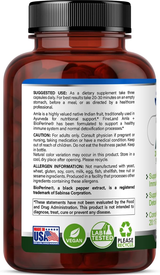 FineLand Amla (Indian Gooseberry) Full Spectrum Extract with BioPerine® for Absorption Rich in Natural Vitamin C Immune &amp Digestive Support – 90 Vegan Capsules