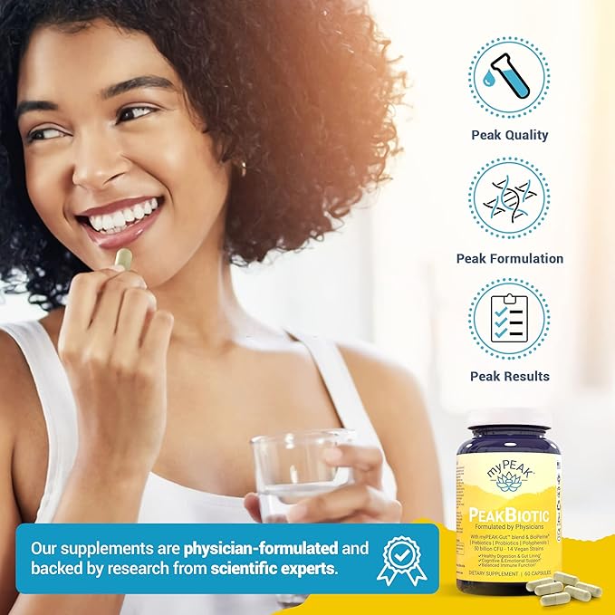 myPEAK PeakBiotic: The Ultimate Vegan Synbiotic with 50 Billion CFU Probiotics Prebiotics Postbiotics Modbiotics and Gut Lining to Enhance Digestion Skin and Mood with 2-Month Supply 60 Capsules