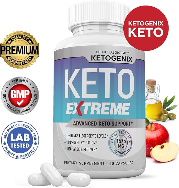 Ketogenix Extreme Keto Pills 1675MG New &amp Improved Formula Contains Apple Cider Vinegar Extra Virgin Olive Oil Powder Green Tea Leaf 60 Capsules