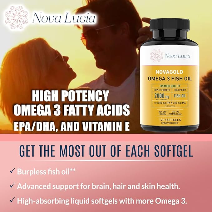 NovaGold Omega 3 Fish Oil – 2000mg High Strength EPA DHA Supplement – Burpless Easy to Swallow Softgels – Supports Heart Brain Joints Immune &amp Skin – Non-GMO – 120 Liquid Capsules