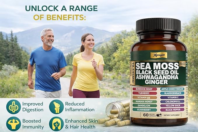 Sea Moss Black Seed Oil Ashwagandha Capsules - 10:1 Extract Blend 60ct