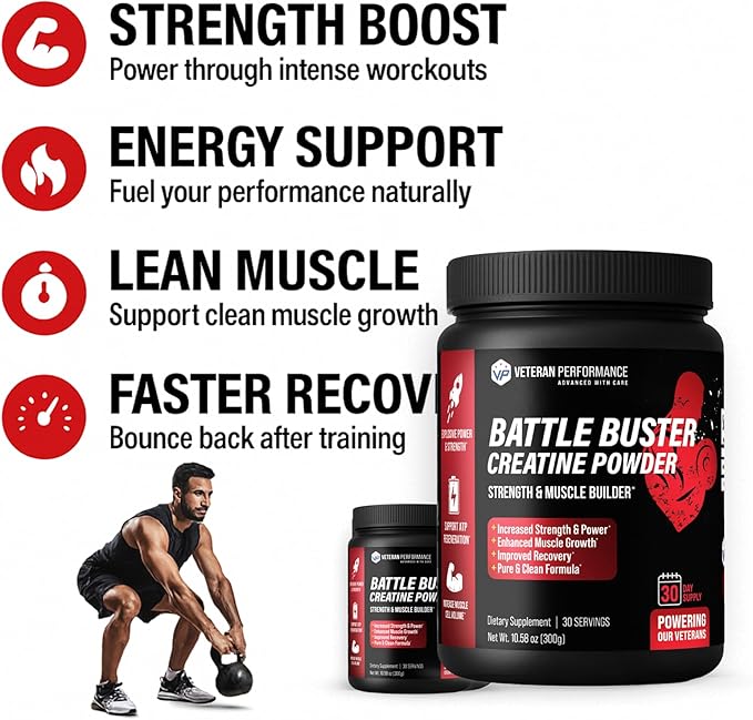 Battle Buster Creatine Monohydrate Powder – 100% Pure No Fillers – Strength Power &amp Recovery – Lab-Tested Quality – 300g 30 Servings