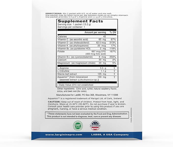L-ARGININE PRO | 5500mg L-Arginine Plus L-Citrulline 1100mg Raspberry Powder Drink Mix Supplement for Increased Nitric Oxide Production