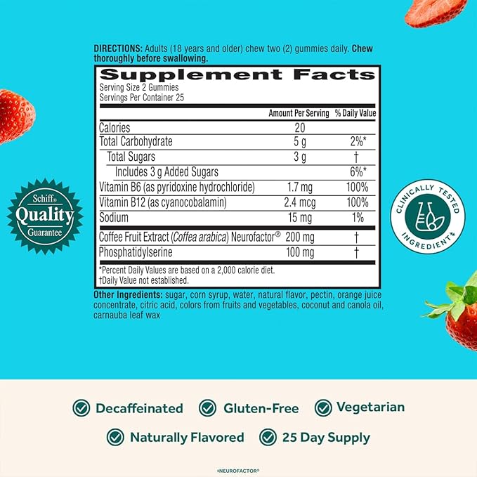 NEURIVA Plus Decaffeinated Nootropic Brain Supplements for Memory Focus Concentration Cognitive Function Clinically Tested NeuroFactor Phosphatidylserine Vitamins B6 B12 50ct Strawberry Gummies