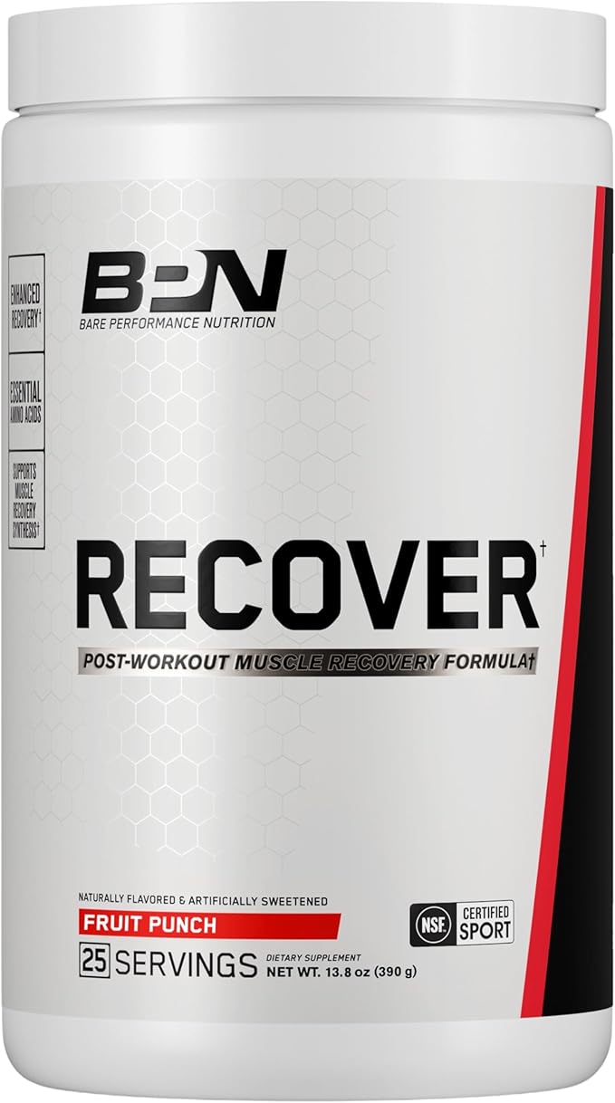 BARE PERFORMANCE NUTRITION BPN Recover Post-Workout Muscle Recovery Drink Mix – Fruit Punch 25 Servings + Strong Omega Fish Oil Soft Gel 30 Servings | Recovery + Heart &amp Brain Health Bundle