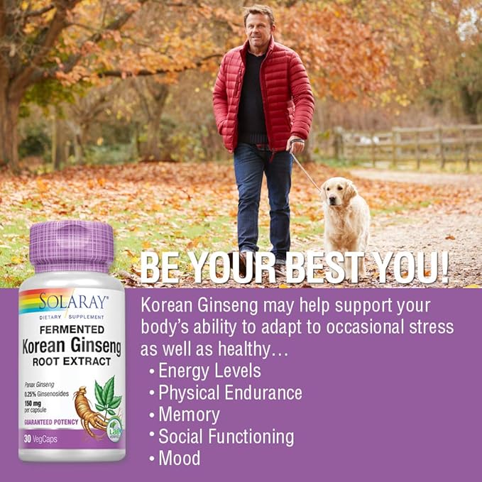 SOLARAY Fermented Korean Ginseng Root Extract | Healthy Stress Energy &amp Physical Endurance Support | Vegan Non-GMO | 30 VegCaps