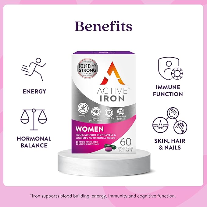 Active Iron Supplement 25mg + Multivitamin for Women Clinically Proven to Increase Iron &amp Energy Levels Maximum Absorption Gentle Non-Constipating 30 Capsules + 30 Tablets in On-the-Go Foil P