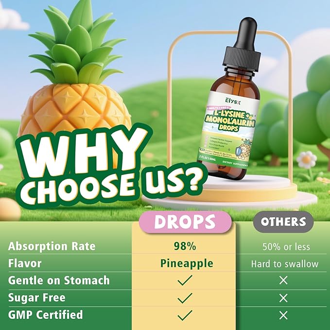 L-lysine Monolaurin Liquid Drops Lysine 1000mg Supplement for Kids &amp Adults with Vitamin C &amp D3 Zinc Citrate Selenium Quercetin &amp Elderberry Extract Immune Support Lip &amp Skin He