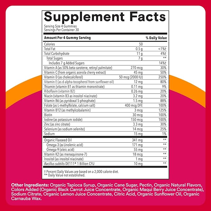 SmartyPants Organic Women's Multivitamin Gummies: BiotinProbioticsMethylfolateOmega 3 (ALA)Vitamin D3CVitamin B12B6AK &amp ZincInositolGluten Free(30 Day Supply)120 Count (Pack of 2)