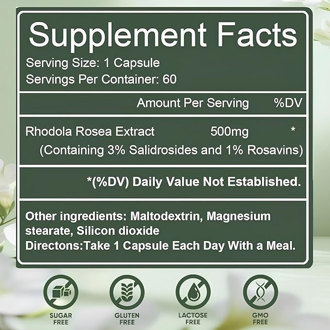 Floraviva Rhodiola Rosea Capsules Natural Adaptogenic Herb 500mg Organic Rhodiola Rosea Extract Supplement for Stress Support Balance Energy Immune Function Non-GMO 60 Vegan Capsules
