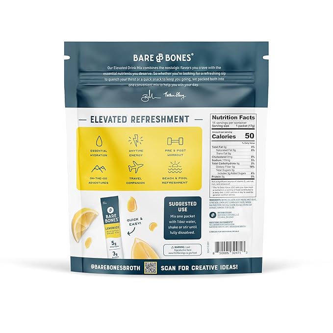 Bare Bones Lemonade Elevated Drink Mix | Light &amp Flavorful | Gluten-Free &amp Naturally Sweetened | On-the-Go Stick Single-Serve Packs Powdered Refreshment | 5g Protein | 16 Packets (.60 oz)