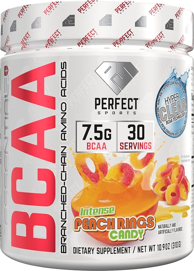 PERFECT SPORTS Essential BCAA Hyper Clear | KaNa-Sol™ Technology | 7.5g Vegan BCAAs | Zero Sugars Carbs or Calories | 30 Servings (Peach Rings)