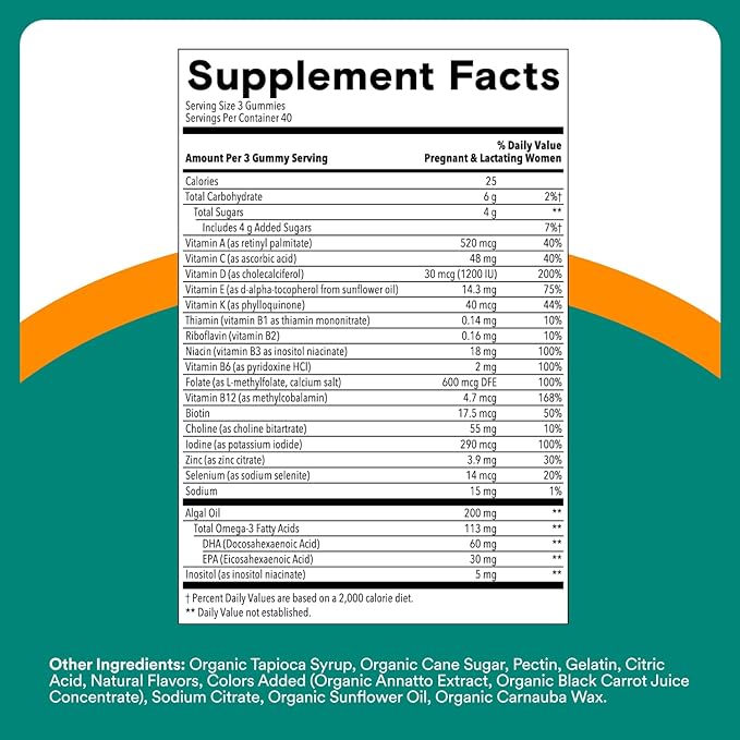 SmartyPants Prenatal Multivitamin Gummies Omega 3 (DHA/EPA) Methylfolate Biotin Vitamin D3 C Vitamin B12 B6 Vitamin A K &amp Zinc Gluten Free 120 Count (40 Day Supply)
