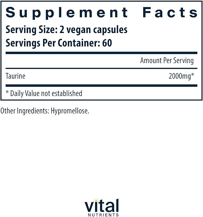 Vital Nutrients Taurine 1000mg - Vegan Amino Acid Detox Supplement - Taurine Supplement to Support Heart Nerve and Liver Health* - Gluten Dairy Soy Free - Non-GMO - 120 Capsules