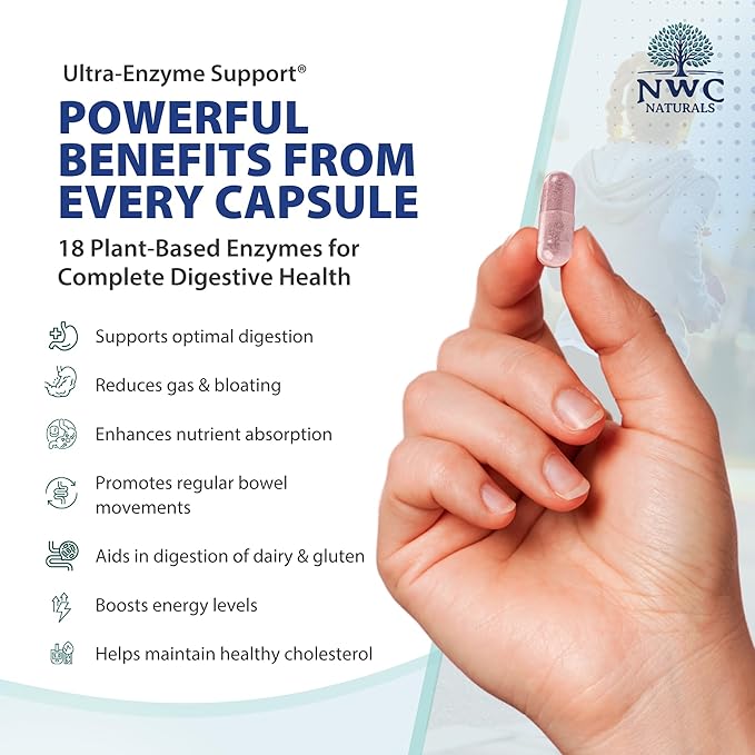 NWC Naturals Ultra-Enzyme Support Natural Digestive Supplement Promotes Optimal Health and Digestion 200 count Capsules