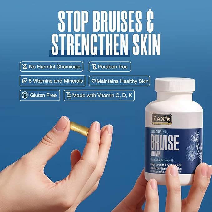 ZAX'S Bruise Vitamin Pharmacist Developed Bruising Supplements Potent Bruising Swelling Reducer Zinc Vitamin K D3 Ascorbic Acid Citrus Bioflavonoids 60 Caps Combine Arnica Bruise Cream