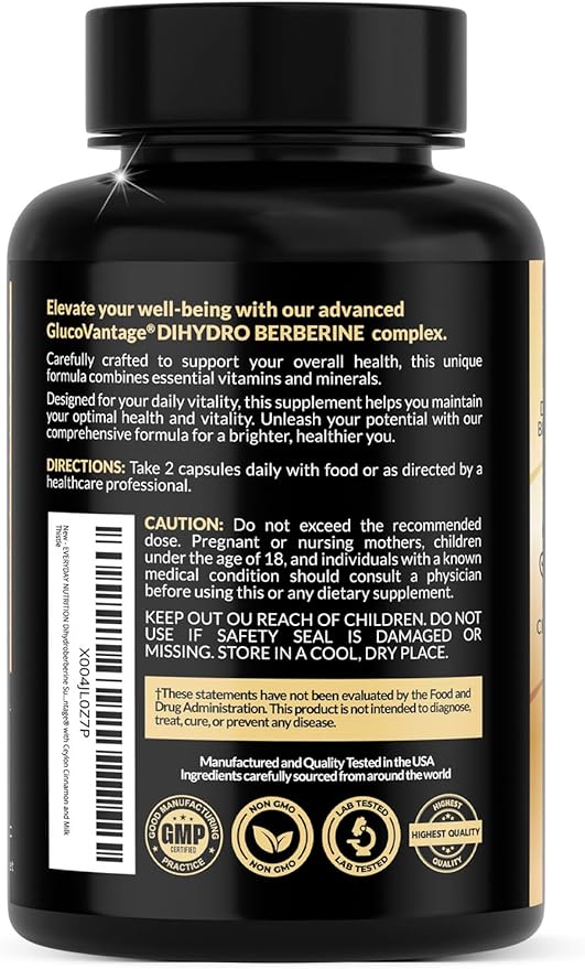 Dihydroberberine GlucoVantage 200mg | Highly Bioavailable Berberine Supplement with Ceylon Cinnamon &amp Milk Thistle | Non-GMO | 60 Veggie Capsules