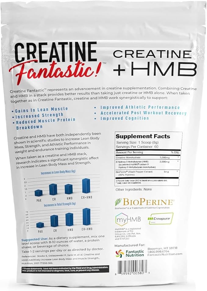 Fantastic Nutrition's Creatine + HMB — Clinically Dosed 5g Creapure German Creatine Monohydrate Plus 3g myHMB for Strength Lean Muscle &amp Recovery — 60 Servings Unflavored