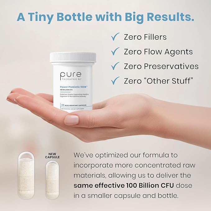 Pure Therapro Rx Power Probiotic 100B | 30 Acid Resistant Capsules - 1 Month Supply | 4 Proven Strains 100 Billion CFU | Flora Balance &amp Digestion | NO Refrigeration Required | Non-GMO | Zero Fill