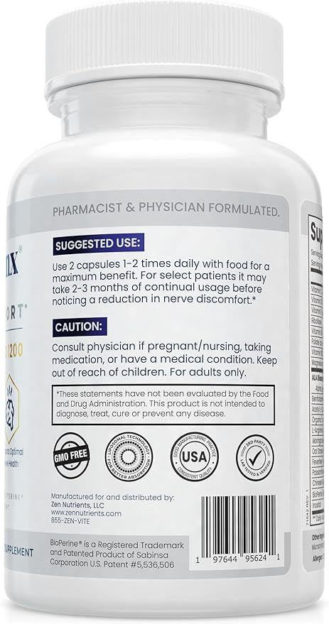 Zen Nutrients NeuraZenX Nerve Support &amp Peripheral Neuropathy Support Supplement with 1200mg Alpha Lipoic Acid (ALA) Benfotiamine L-Carnitine and Turmeric