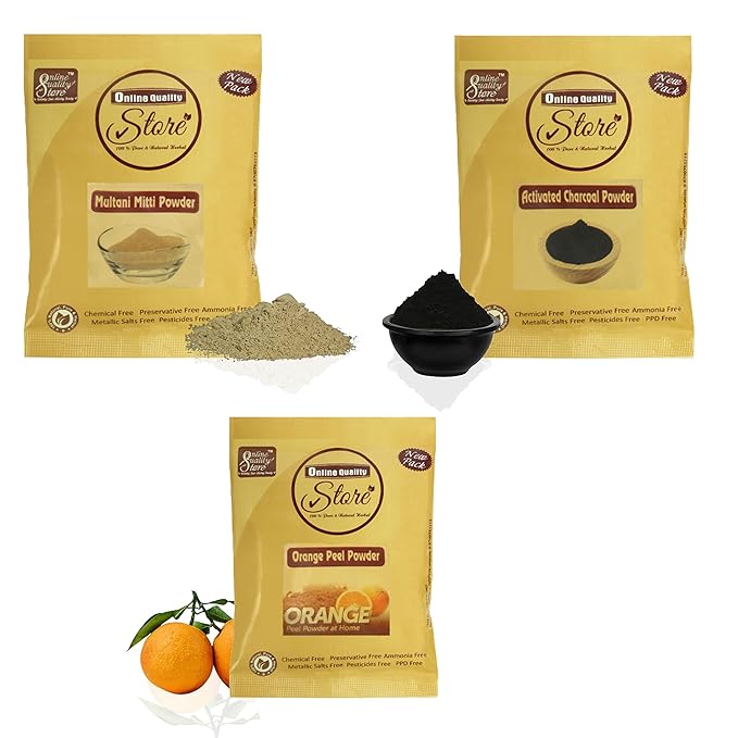 Online Quality Store Combo of Activated Charcoal Powder 50 Grams with Orange peel Powder 50 Grams and Multani Mitti Powder 50 grams for Face Pack for Glowing Skin and Pimples- 150 gms