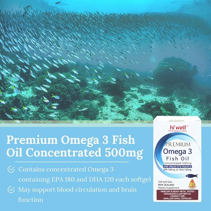 (Pack of 3) Hi Well Premium Omega 3 Fish Oil Concentrated 500mg 300 Softgels