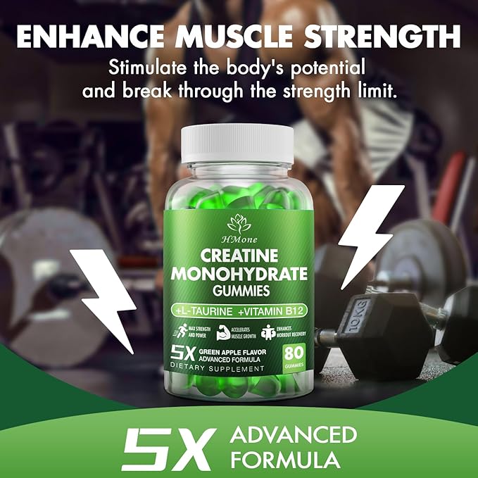 Creatine Monohydrate Gummies - 5g for Men &amp Women 160 Count and Creatine Chewable Supplements for Muscle Gain Muscle Strength Green Apple Flaavor