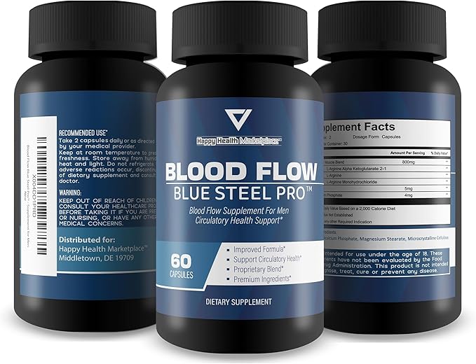Blood Flow Blue Steel Pro - Our Best Blood Flow Capsules - Healthy Blood Flow Supplement Powder Capsules - Whole Body Blood Flow Support - Blood Circulation Supplements for Men Circulation Support