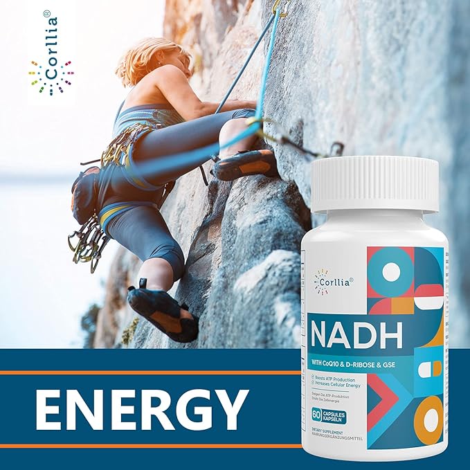Corlia NADH 50mg + CoQ10 200mg + D-Ribose 150mg Supplement Enhance NAD+ Supplement for Energy Fatigue Reduced Nicotinamide Adenine Dinucleotide 360 Veggie Capsules