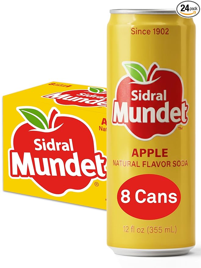 Sidral Mundet - Mexican Soda Soft Drinks Apple (12 oz 355ml) 8 Cans - Caffeine Free Gluten Free - Real Cane Sugar - 0g Fat - Made in Mexico - Natural Flavor Soda Pop - Over 120 Years