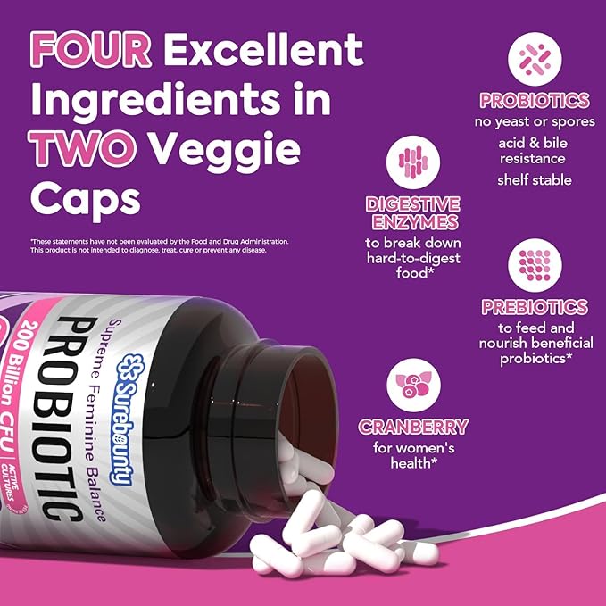 Women's Probiotic 200 Billion CFU Prebiotics + Digestive Enzymes + Cranberry 60 Caps