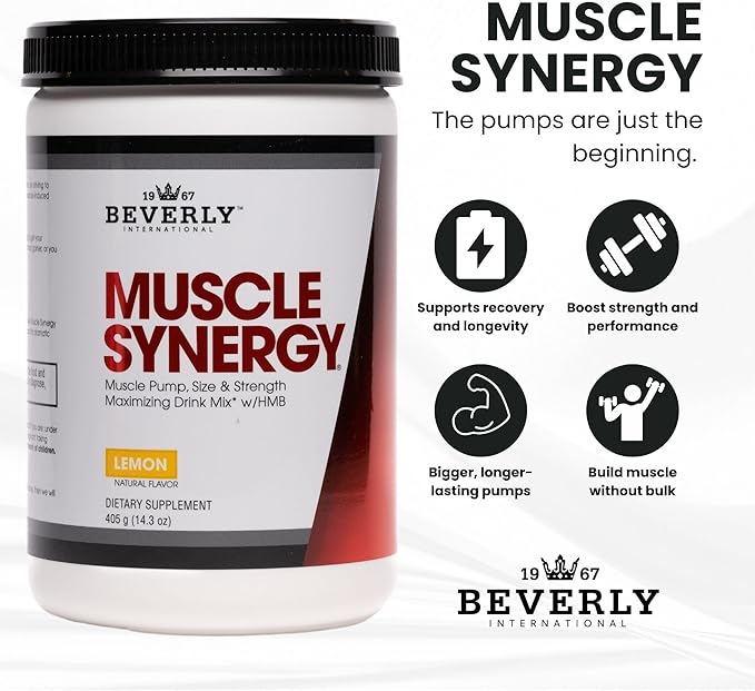 Beverly International Muscle Synergy 405g (Lemon Powder 14.3 oz) Dramatic Muscle Pump Size &amp Strength Maximizing Drink Mix w/HMB. L-Arginine L-Citrulline Creatine Monohydrate L-Ornithine