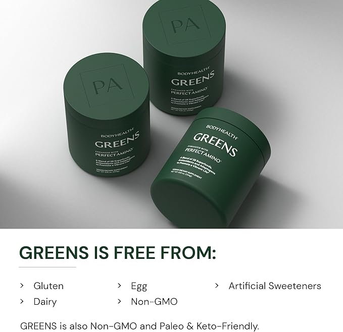 BodyHealth Greens Enhanced with PerfectAmino - Daily Superfood Green Apple Smoothie Powder with Vegetables Fruit Antioxidants Prebiotics Probiotics Fiber and Protein - 40 Servings