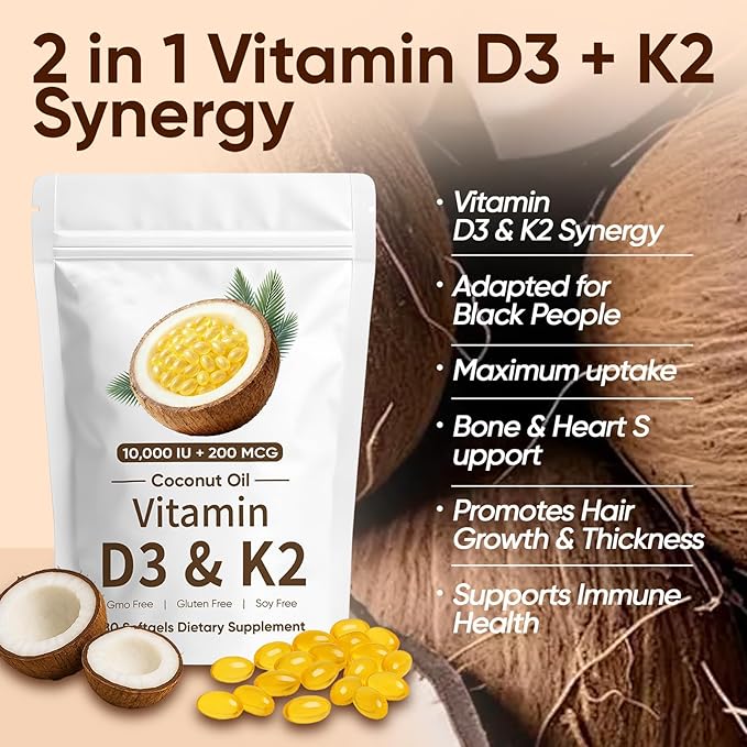 CrownHer Naturals D3 K2 Real Good Essentials Vitamin D3 10000 IU + K2 200 MCG Vitamin D3 &amp K2 Coconut Oil Softgels Capsules for Bone Immune Health Boosts Energy &amp Calcium Absorption 180 G