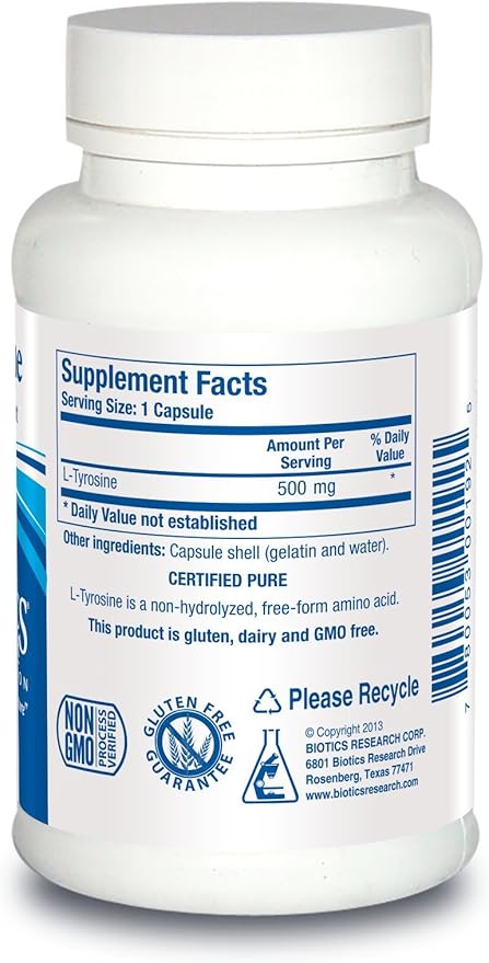 Biotics Research L Tyrosine 500 Milligram Mood and Memory Support Supports Overall Relaxation Response Supports Thyroid Function. 100 Capsules