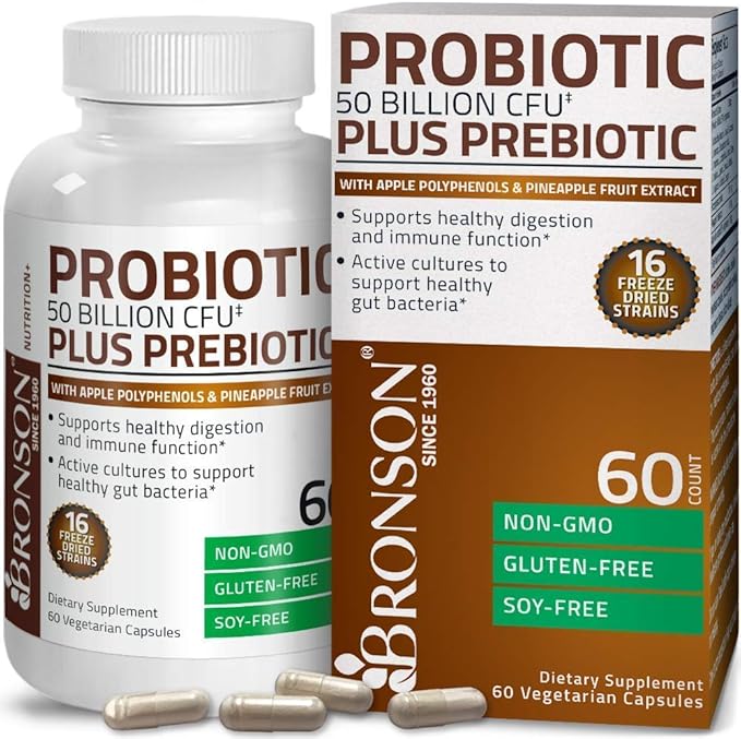 Bronson Probiotic 50 Billion CFU + Prebiotic with Apple Polyphenols &amp Pineapple Fruit Extract + Vitamin B Complex Sustained Release