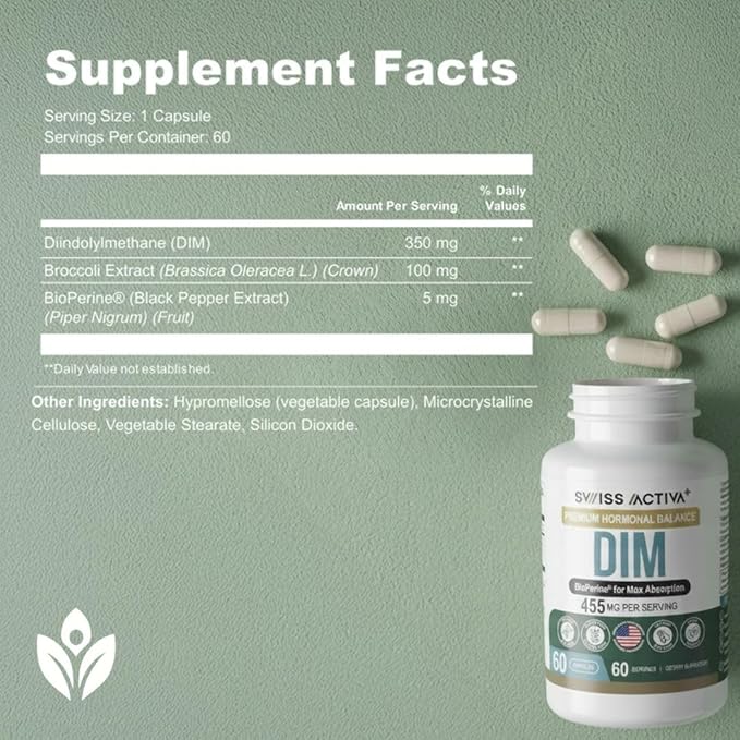 Swiss Activa+ Labs DIM Supplement – Hormone Balance for Women &amp Men – Estrogen Supplement for Women and Men– Supports Hormonal Acne &amp Menopause Symptoms| Gluten Free Non-GMO &amp Vegan – 60