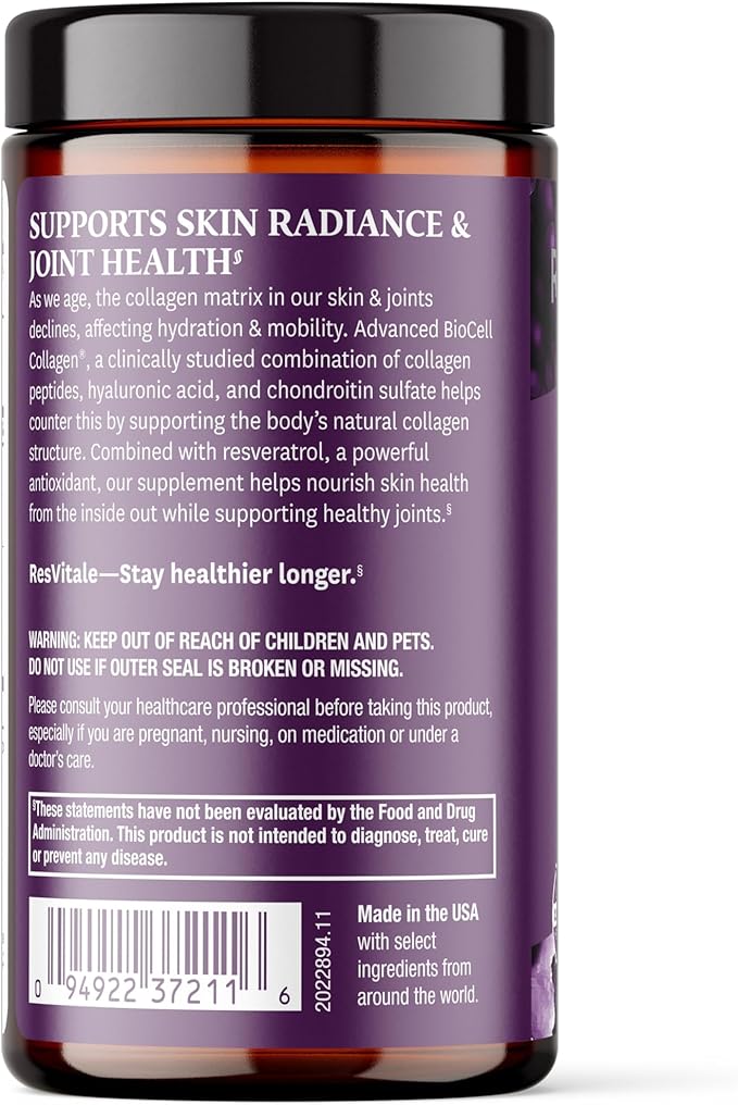 ResVitále Collagen Enhance - Beauty Supplement with Hyaluronic Acid &amp Resveratrol - 120 Capsules