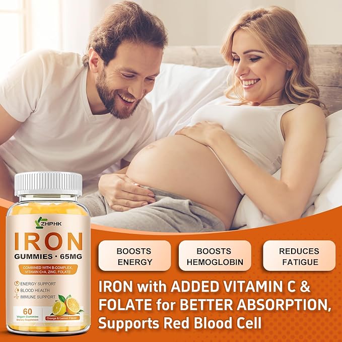 Iron Gummies Vitamin Supplement 65mg &amp Vitamin C 250mg per Serving with B6 B12 Folate- Energy Support for Iron Deficiency Anemia Vegan Orange &amp Lemon Flavor 120 Count