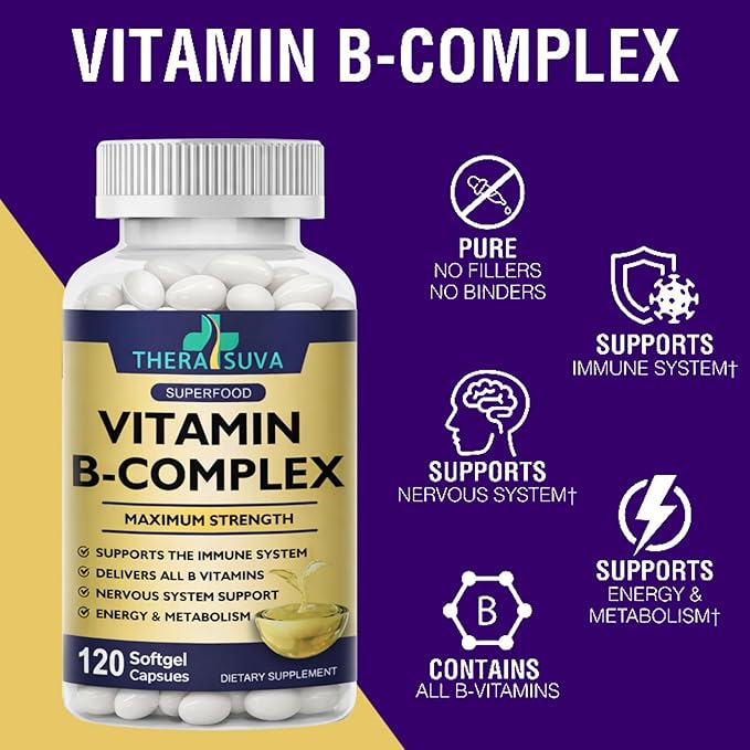 Vitamin B-Complex + CoQ10 + Vitamin C - Max Strength Supplement for Energy Metabolism Support 2 Month Supply 120 Softgels