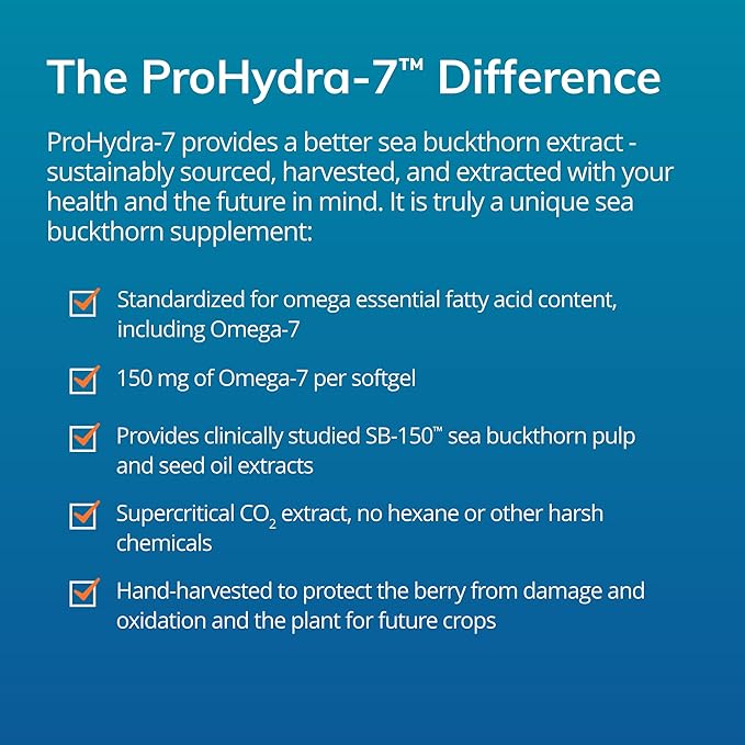EuroMedica ProHydra-7 - Skin Health Support Supplement with Omega-7 Sea Buckthorn Oil - Nutritional Supplement - Essential Fatty Acid Supplement - 60 Softgels
