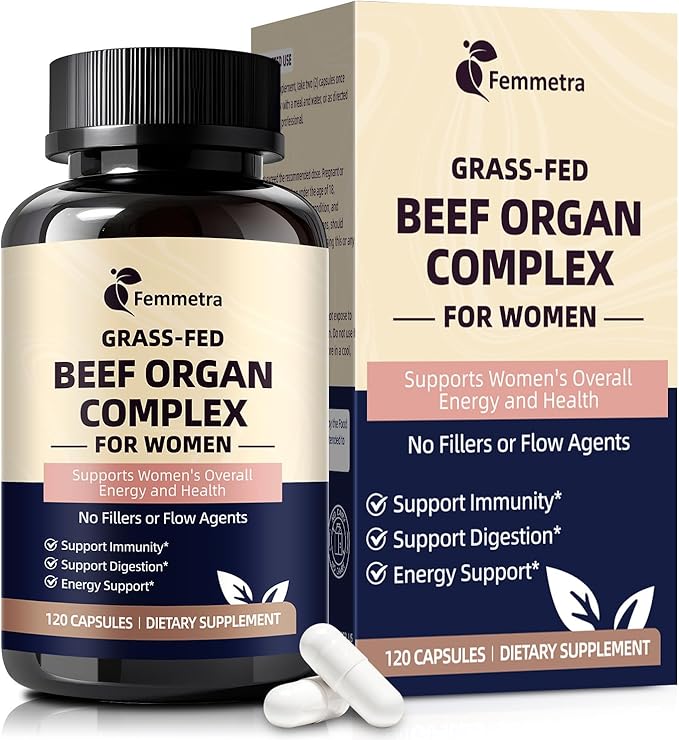 Female-Optimized Beef Organ Complex Superfood Supplement Beef Liver Kidney Heart Uterus &amp 6 More Balance Hormones Energy &amp Women's Overall Wellness with Milk Thistle Zinc Grass-Fed 6