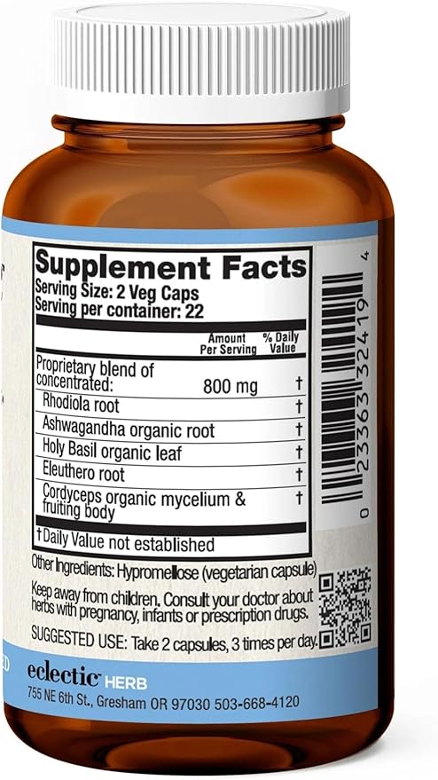 Eclectic Herb - Adrenal Support Capsules | Herbal Supplement | Rhodiola &amp Ashwagandha Supplements | Fatigue Support | Vegan Non-GMO Gluten-Free (45 CT | 400 mg)