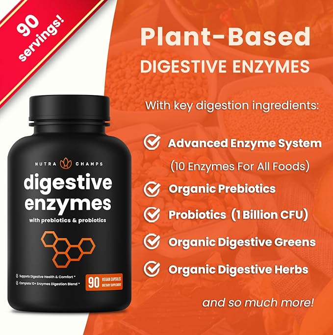 NutraChamps Digestive Enzymes with Probiotics and Prebiotics for Women &amp Men - 90 Vegan Capsules with Bromelain for Bloating &amp Optimal Gut Health