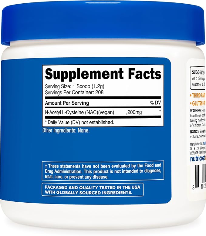 Nutricost N-Acetyl L-Cysteine (NAC) Powder 250 Grams - Vegan NAC Non-GMO Gluten Free