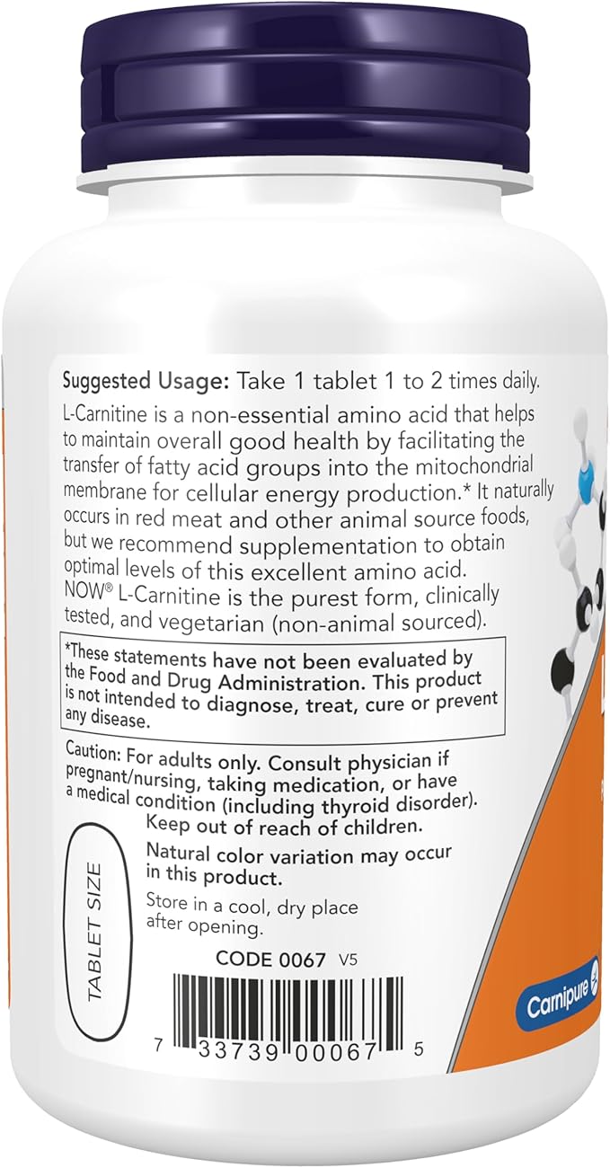 NOW Foods Supplements L-Carnitine 1000 mg Purest Form Amino Acid Fitness Support* 50 Tablets
